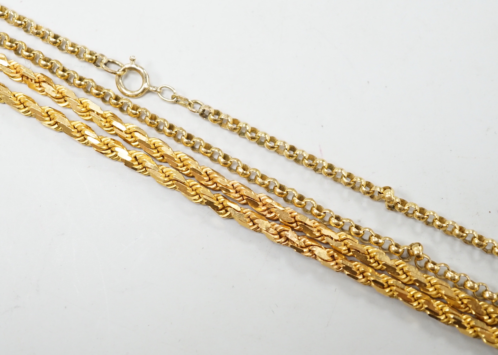A yellow metal (stamped 916) chain, 70cm, 42.9 grams and a gold plated chain.
